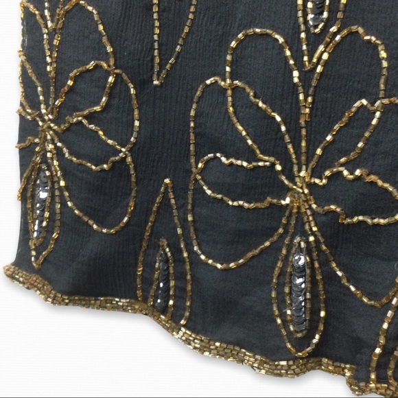 Vintage JMC Silk Party Cocktail Dress Split Sequin Beaded Floral Black Womens PM - Picture 7 of 16